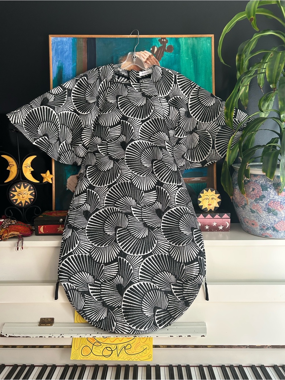 Rodebjer XS Black White Graphic Print Midi Dress Statement Sleeve Scandinavian